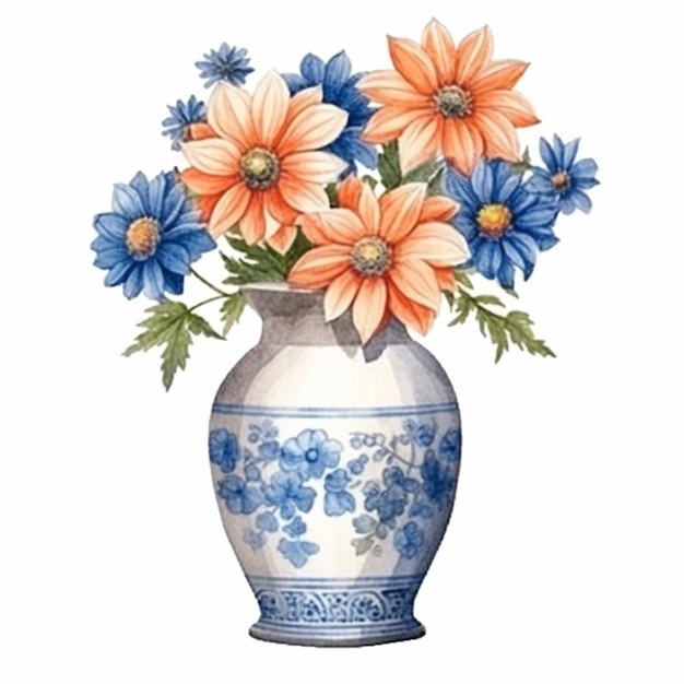 Un jarrón azul y blanco con flores.