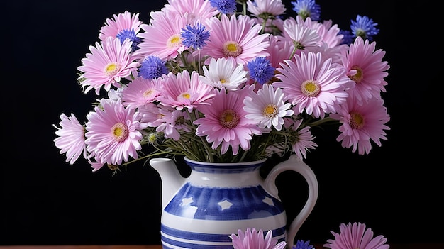 un jarrón azul y blanco con un jarrón de flores azul y blanco