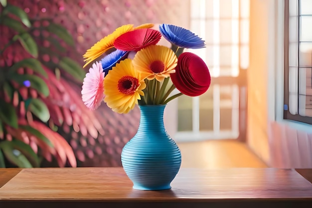 Foto un jarrón azul con flores está sentado sobre una mesa.