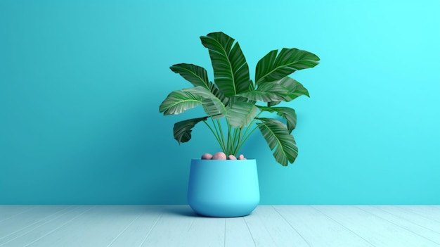 Un jarrón azul con una planta y una pared azul con una planta verde.