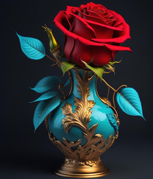 Un jarrón azul con una rosa roja.