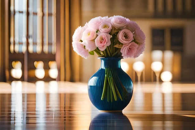 Un jarrón azul con rosas rosas en una mesa.