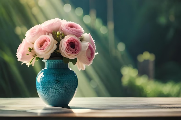 Un jarrón azul con rosas rosas sobre una mesa.