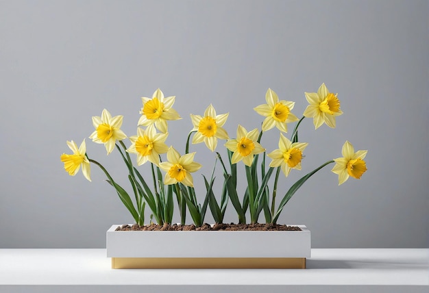 un jarrón blanco con das amarillo en una mesa blanca