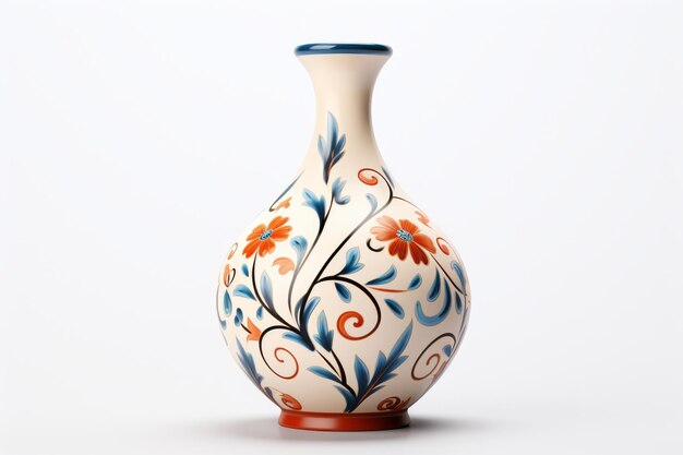 Un jarrón blanco decorado con intrincados patrones azules y naranjas que añaden un toque de color a cualquier espacio