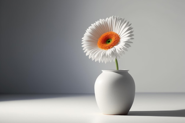 Un jarrón blanco con una flor y otro blanco con el centro amarillo.