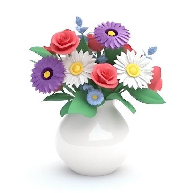 Un jarrón blanco con flores y una flor azul.