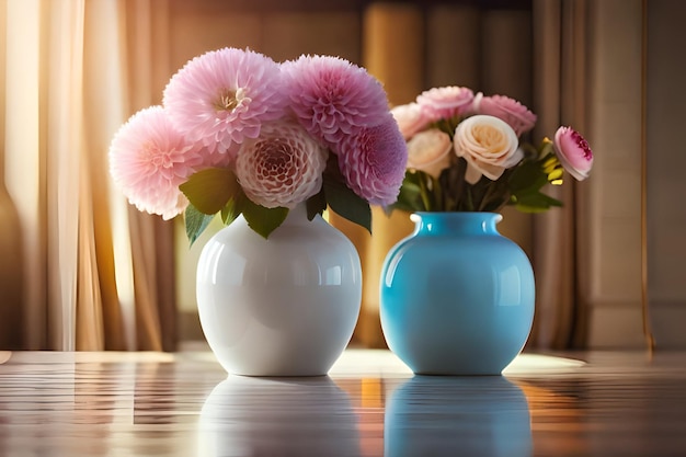 Foto un jarrón blanco con flores rosas en él y un jarrón branco con flores rosadas en él.