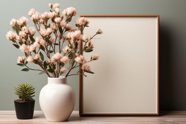 un jarrón blanco con flores rosas junto a una imagen enmarcada
