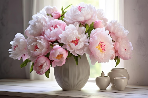 Un jarrón blanco con flores rosas.