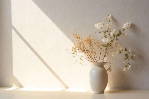 Jarrón blanco con flores secas sobre una mesa blanca frente a una pared clara