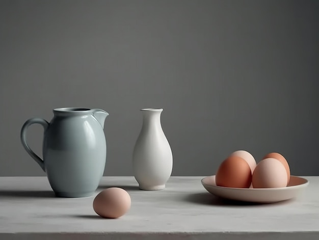 Un jarrón blanco y un jarrón blanco están sobre una mesa con tres huevos.