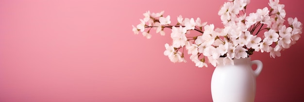 Jarrón blanco lleno de flores blancas sobre una mesa junto a una pared rosa y una pared rosa al fondo