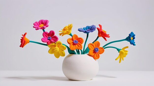 Un jarrón blanco lleno de flores de colores en la mesa