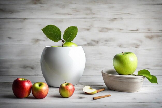 Foto un jarrón blanco con una manzana verde en él y un tazón con un bol de manzanas en la mesa