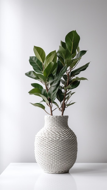 Un jarrón blanco con una planta dentro.