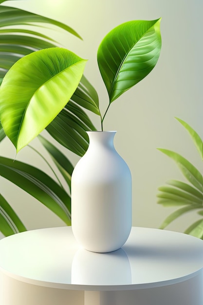 un jarrón blanco con una planta en él y una planta verde en el fondo.