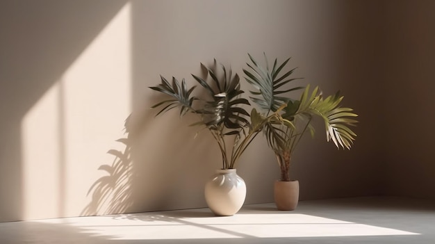 Un jarrón blanco con una planta y un jarrón blanco con la palabra palm.