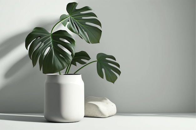 Un jarrón blanco con una planta de monstera en él.