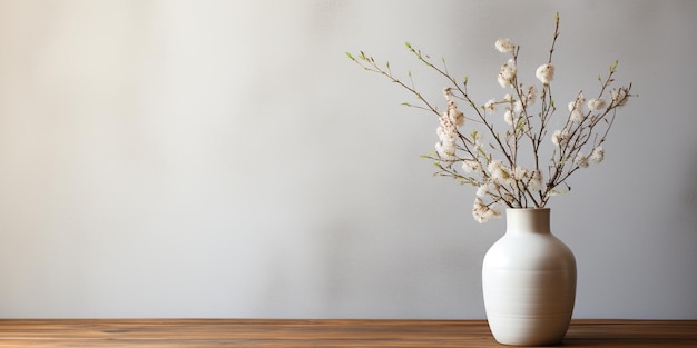 Un jarrón blanco sentado en la parte superior de una mesa de madera junto a una pared