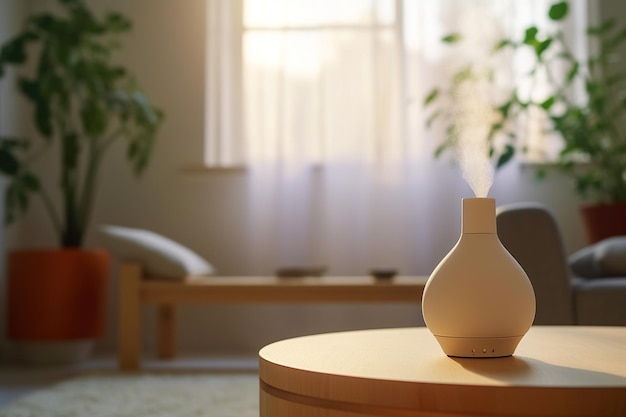 Un jarrón blanco sobre una mesa en una sala de estar con una planta sobre la mesa.