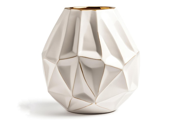 Jarrón de cerámica geométrico contemporáneo con acabado blanco brillante sobre fondo blanco IA generativa