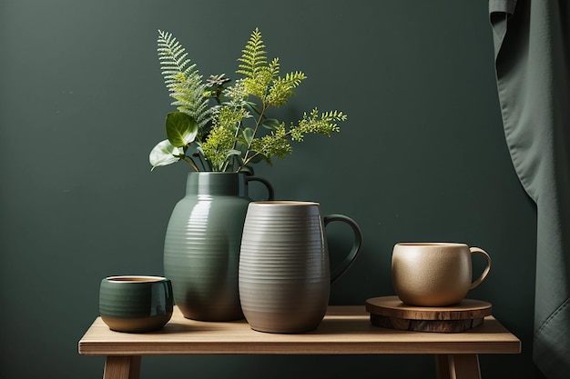 Jarrón de cerámica gris con una taza sobre un taburete de madera junto a una pared verde bosque