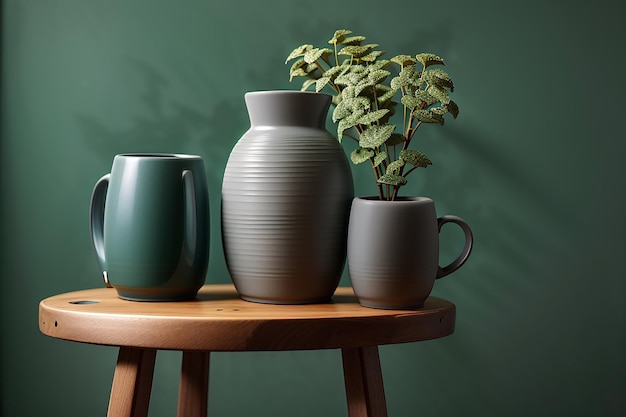 Jarrón de cerámica gris con una taza sobre un taburete de madera junto a una pared verde bosque