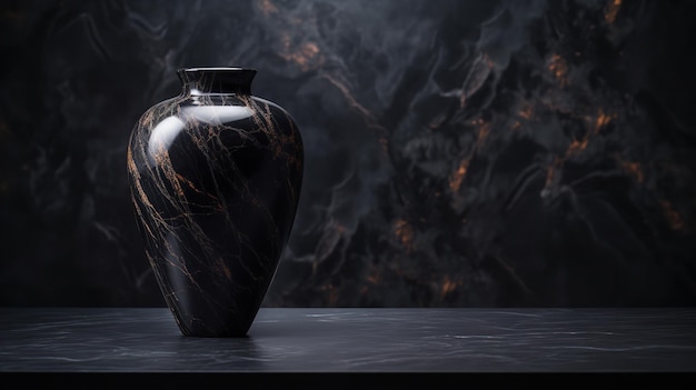 Un jarrón de cerámica negra colocado sobre una mesa de mármol con un fondo de mármol negro. IA generativa.