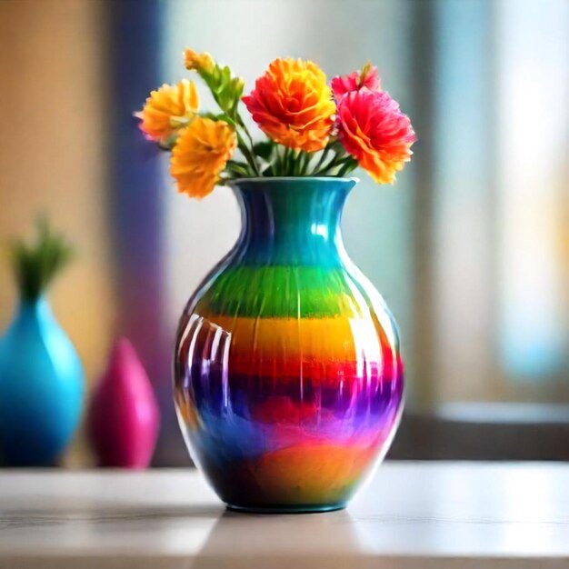 Foto un jarrón colorido con flores en él y la palabra arco iris en la parte inferior