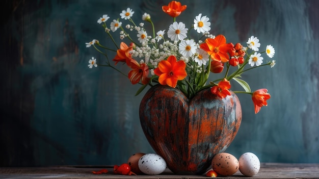 Un jarrón de corazón lleno de flores y huevos que mezcla la naturaleza y el afecto maravillosamente.