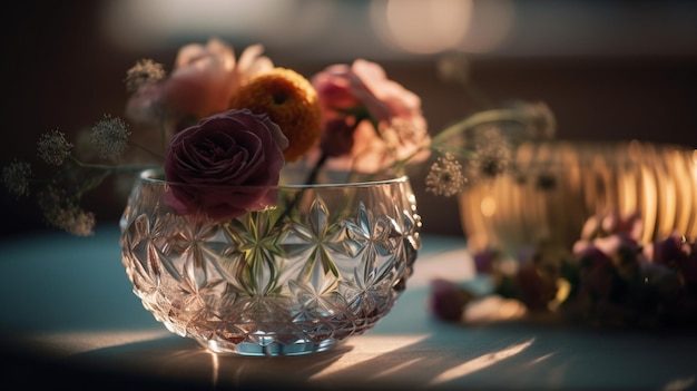 Un jarrón de cristal con flores sobre una mesa
