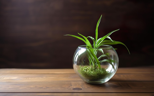 Un jarrón de cristal con una planta sobre una mesa de madera.