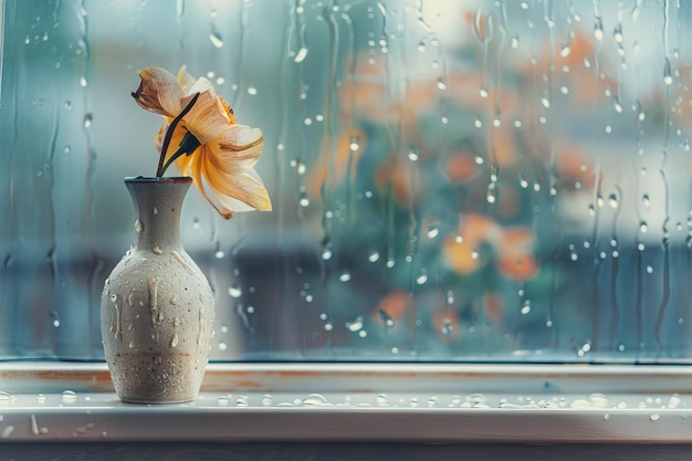 Un jarrón con una flor rosa en él se sienta en un alféizar de la ventana