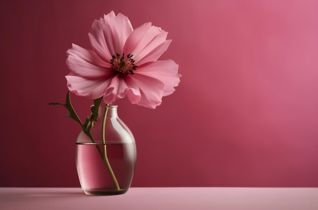 Un jarrón con una flor rosa y un fondo rosa.