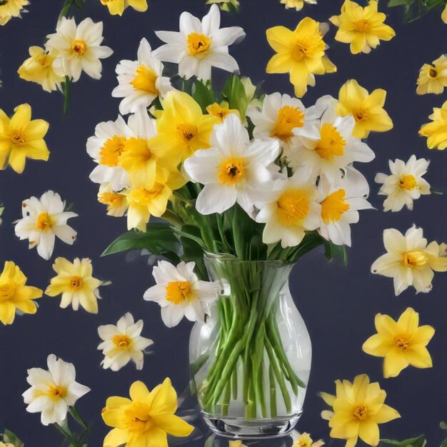 Foto un jarrón con flores amarillas y blancas en él y un fondo negro