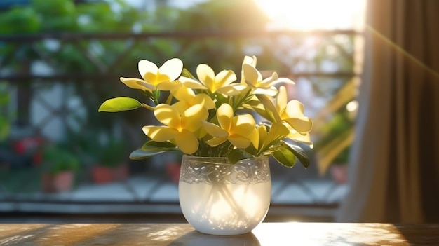 Un jarrón de flores amarillas sobre una mesa frente a un balcón.