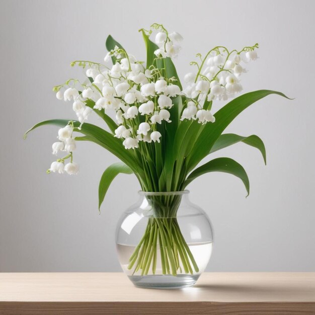 un jarrón de flores blancas con hojas verdes en él