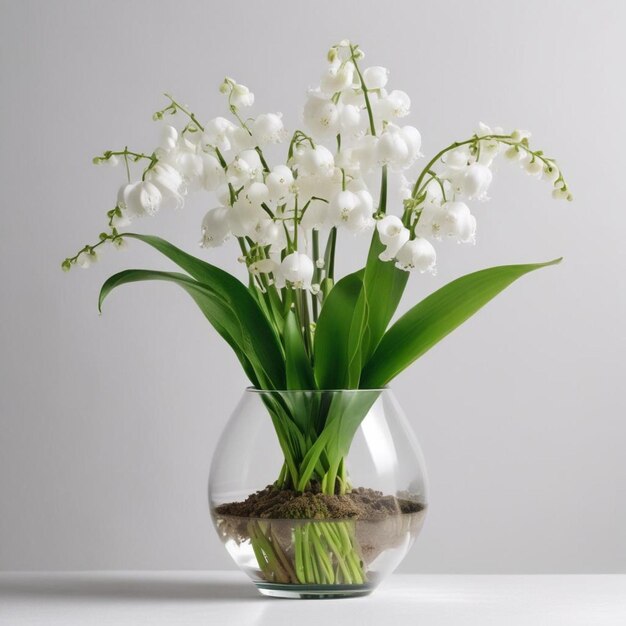 un jarrón con flores blancas y hojas verdes en él