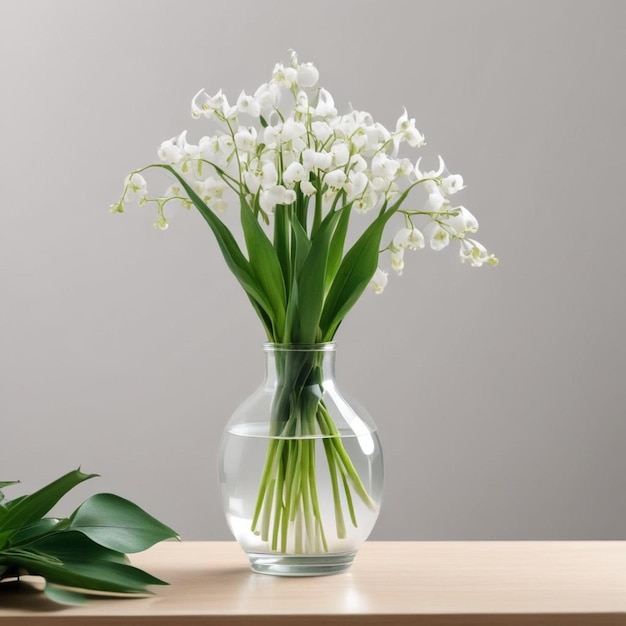 un jarrón de flores blancas con hojas verdes en el fondo