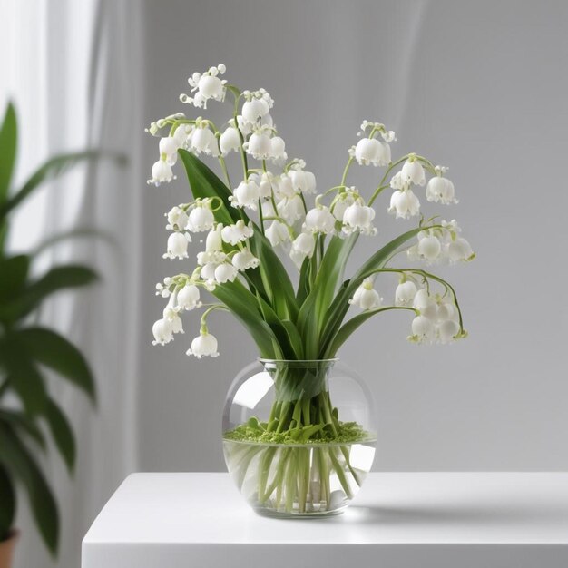 un jarrón de flores blancas con hojas verdes en el fondo