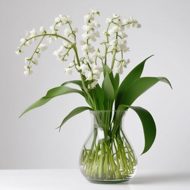 un jarrón con flores blancas y hojas verdes