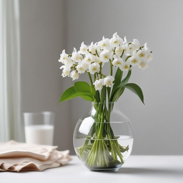 un jarrón con flores blancas en una mesa y un vaso de agua