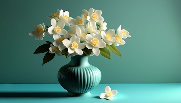 Un jarrón de flores blancas sobre un fondo azul.