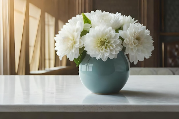 Un jarrón con flores blancas sobre una mesa y una ventana detrás.