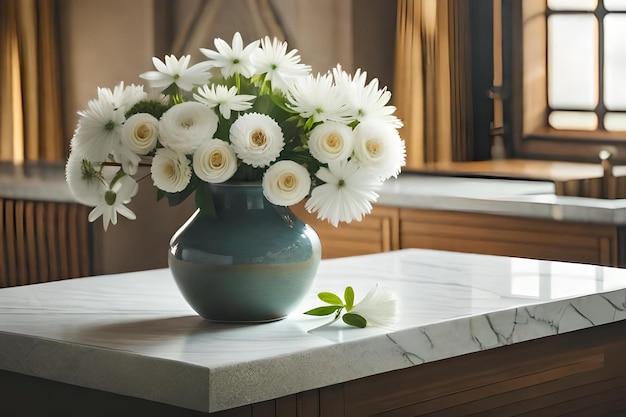 Un jarrón con flores blancas sobre un mostrador de mármol con un espejo detrás.