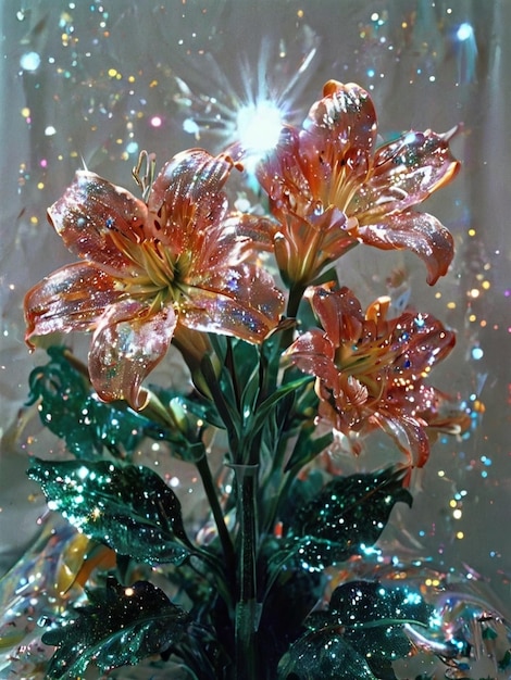 un jarrón con flores y brillo en él y un reflejo del sol en el agua