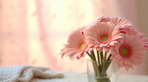 Un jarrón de flores con un centro rosa que dice gerbera.