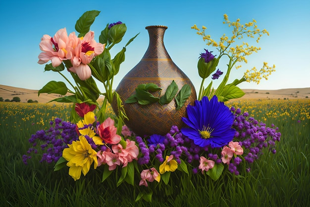 Un jarrón con flores y un cielo azul de fondo.