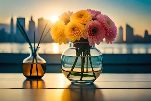 un jarrón de flores con la ciudad al fondo.